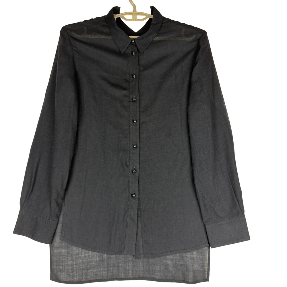 Theory Button Down Shirt Womens S Black 100% Wool Sheer High Low B08TT503